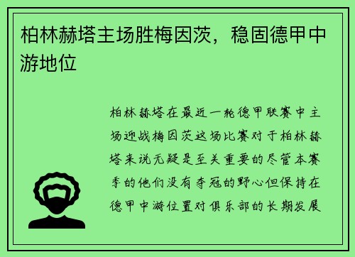 柏林赫塔主场胜梅因茨，稳固德甲中游地位