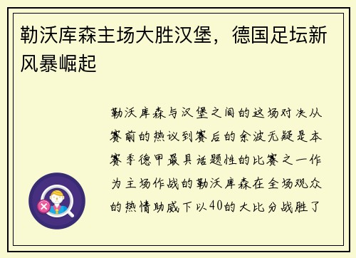 勒沃库森主场大胜汉堡，德国足坛新风暴崛起